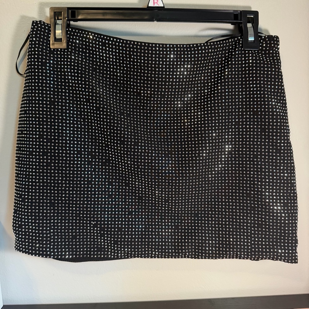 Haute Monde Black Rhinestone Mini Skirt Sz M Sparkly Stretch Bodycon Party Club - Picture 2 of 9